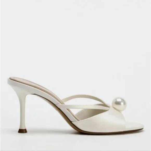 New ZARA FAUX PEARL HEELED SANDALS WHITE SIZE 6.5 - Picture 6 of 6